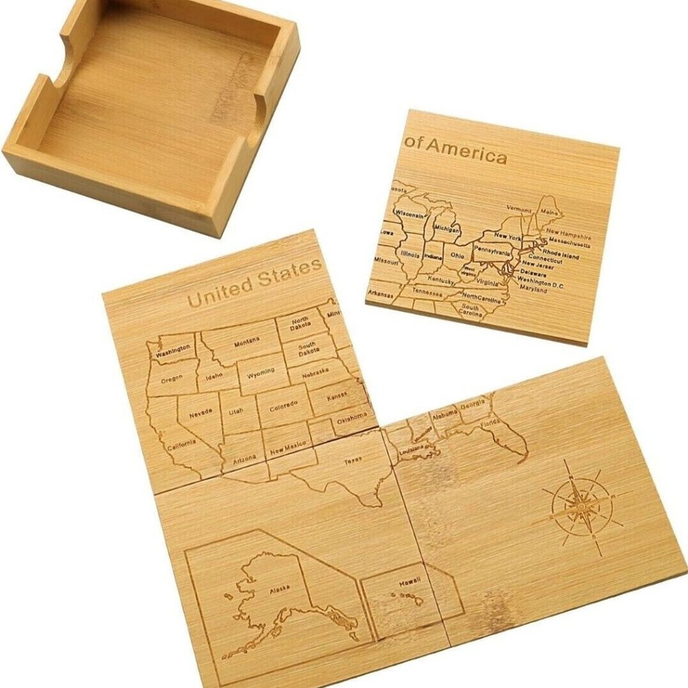 Hiyalot Bamboo United States 4pc. Puzzle Coaster Set, 4.76" Square, New in Box